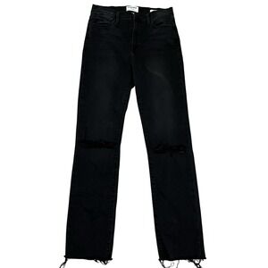 Frame Le High Straight Jeans Black 30 High Rise Raw Hem  Ripped Knees